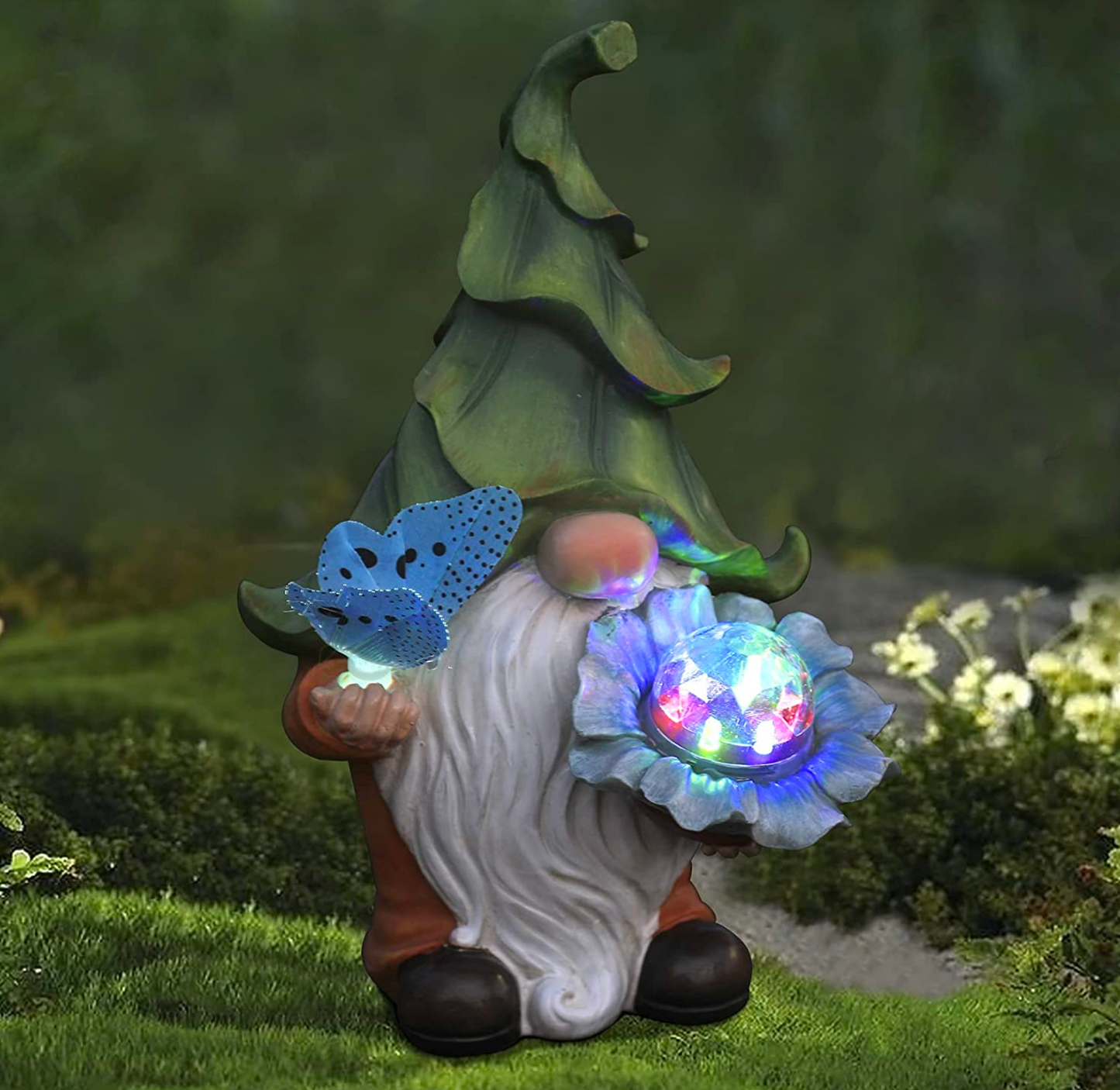 Gnome Figurine Holding Magic Orb and Butterfly with Solar LED Lights